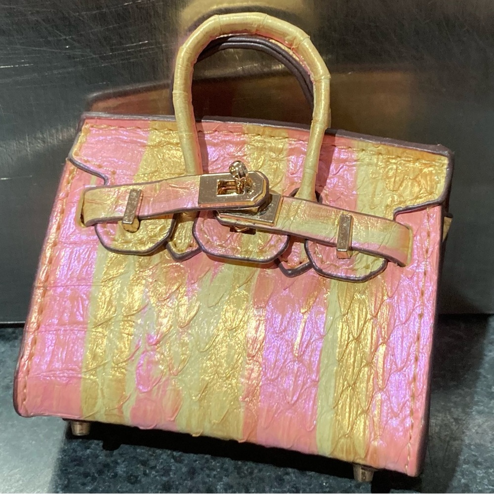 👜 Handmade Genuine Leather Mini Pink Yellow Birkin Textured Tote Bag Charm